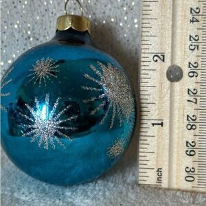 Teal Blue Glass Ornament with Silver Glitter Starbursts